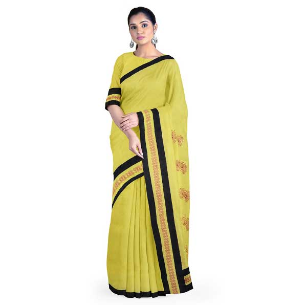 Yellow Malmal Khadi Saree with well crafted Red Block Prints and Black Border