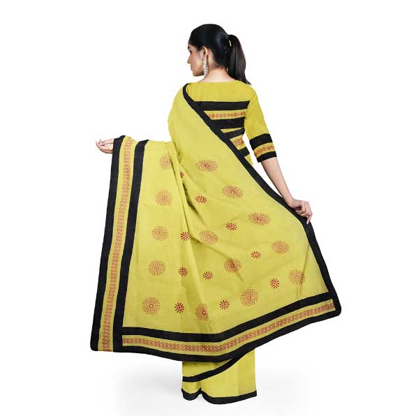 Yellow Malmal Khadi Saree with well crafted Red Block Prints and Black Border