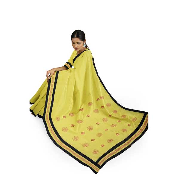 Yellow Malmal Khadi Saree with well crafted Red Block Prints and Black Border