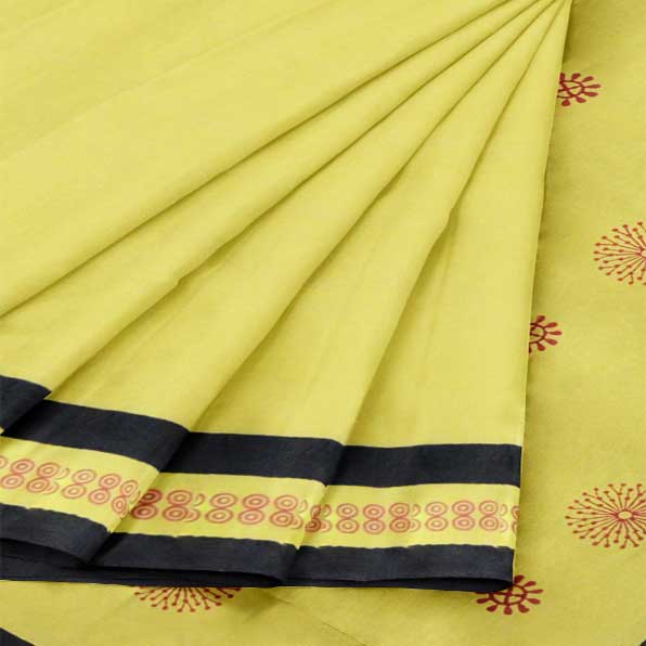 Yellow Malmal Khadi Saree with well crafted Red Block Prints and Black Border