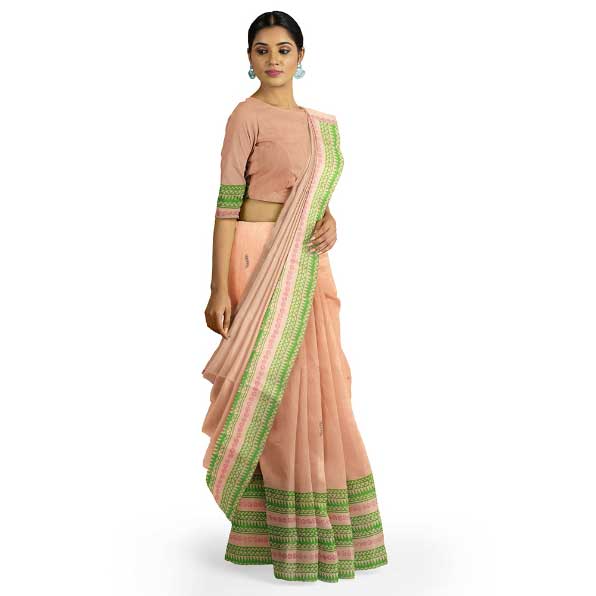 Peach Malmal Khadi Saree with Black leaf Block prints on body