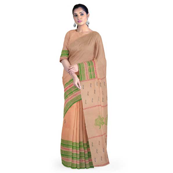 Peach Malmal Khadi Saree with Black leaf Block prints on body