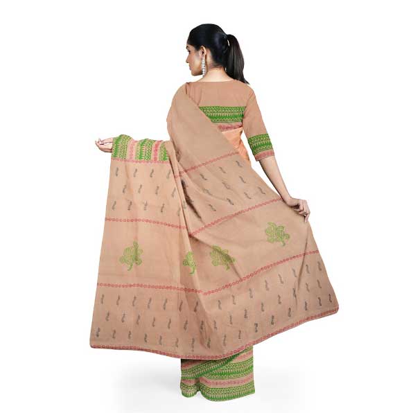 Peach Malmal Khadi Saree with Black leaf Block prints on body