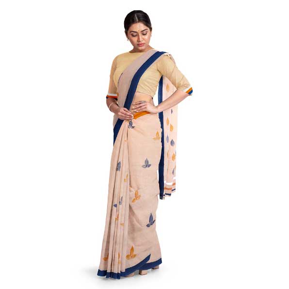 Peach Malmal Khadi Saree with Sublime Orange & Blue Leaf Prints