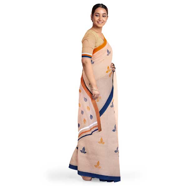 Peach Malmal Khadi Saree with Sublime Orange & Blue Leaf Prints