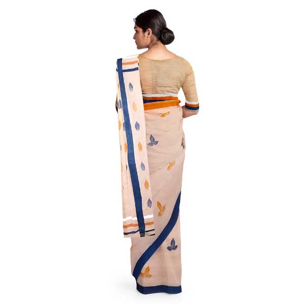 Peach Malmal Khadi Saree with Sublime Orange & Blue Leaf Prints