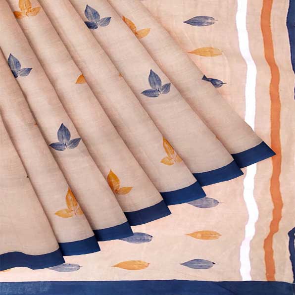 Peach Malmal Khadi Saree with Sublime Orange & Blue Leaf Prints