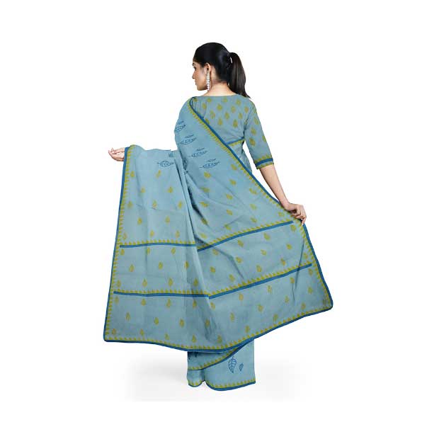 Handloom Cyan Malmal Khadi Saree with Leaf Block Prints and Temple Border