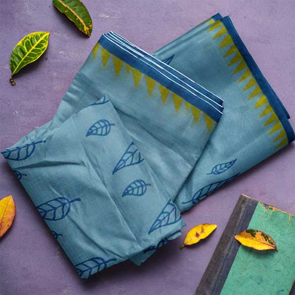 Handloom Cyan Malmal Khadi Saree with Leaf Block Prints and Temple Border