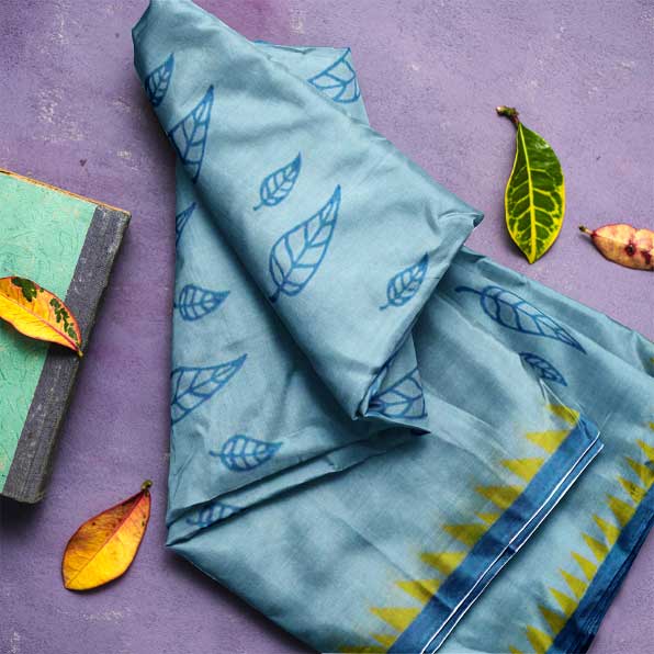 Handloom Cyan Malmal Khadi Saree with Leaf Block Prints and Temple Border