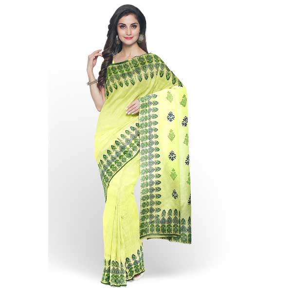 Yellow Malmal Khadi Saree with exquisite blue & green Block Prints