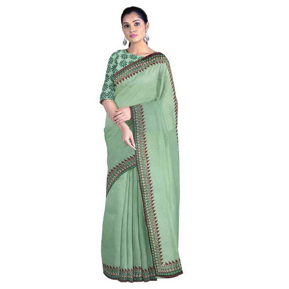 Pista Green Khadi Saree with magnificent green & maroon Block Printed Border