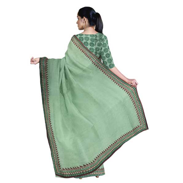 Pista Green Khadi Saree with magnificent green & maroon Block Printed Border