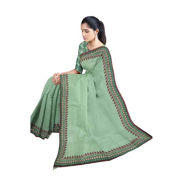 Pista Green Khadi Saree with magnificent green & maroon Block Printed Border