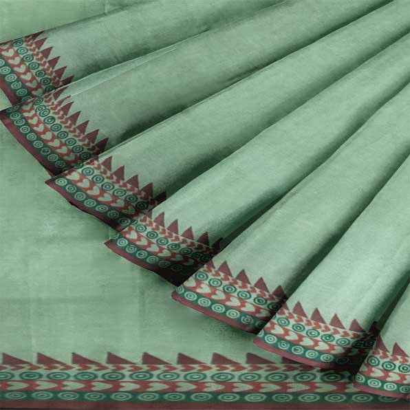 Pista Green Khadi Saree with magnificent green & maroon Block Printed Border