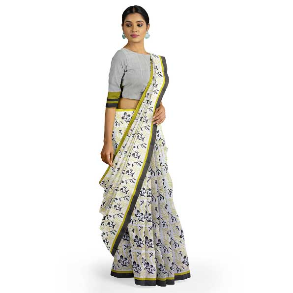 Off White Malmal Khadi Saree with Floral Prints