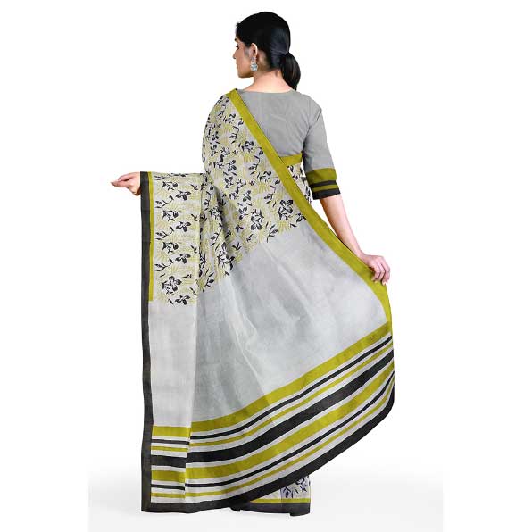 Off White Malmal Khadi Saree with Floral Prints