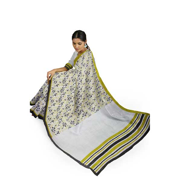 Off White Malmal Khadi Saree with Floral Prints