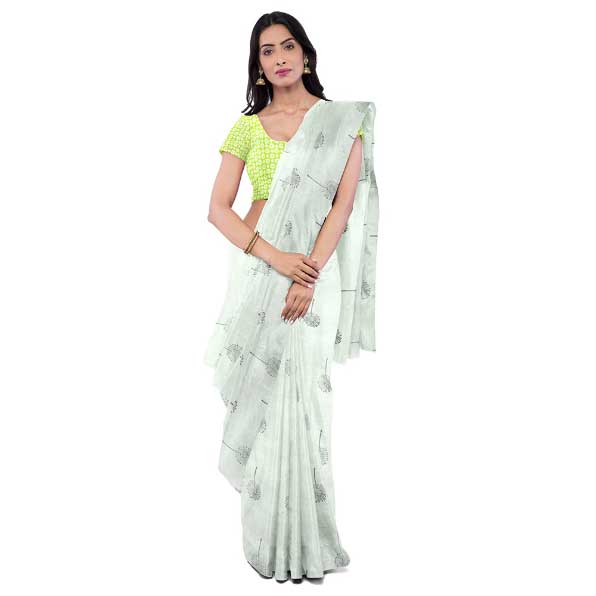 Off-White Malmal Khadi Saree with uniform Dandelion flower Block Prints