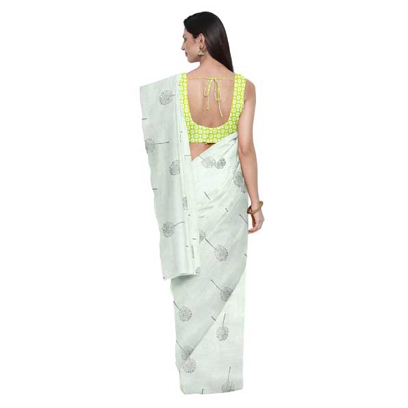 Off-White Malmal Khadi Saree with uniform Dandelion flower Block Prints