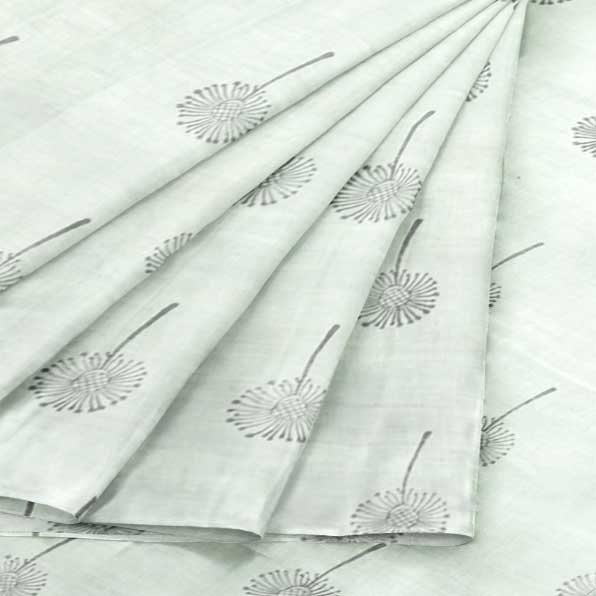 Off-White Malmal Khadi Saree with uniform Dandelion flower Block Prints