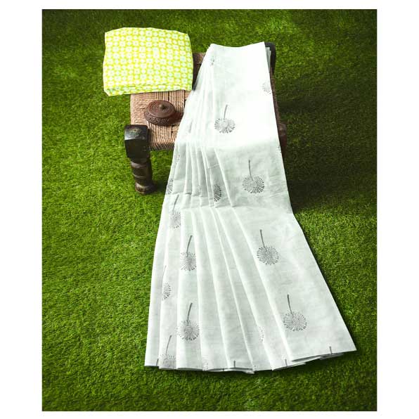 Off-White Malmal Khadi Saree with uniform Dandelion flower Block Prints