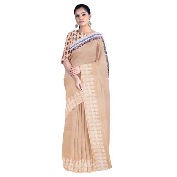 Peach Malmal Khadi Saree with stupendous White Block Prints on border