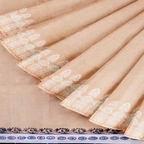 Peach Malmal Khadi Saree with stupendous White Block Prints on border