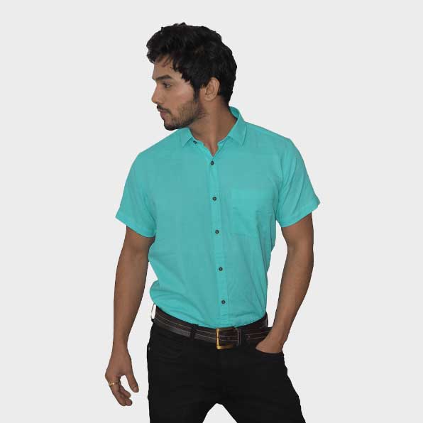 Cyan Handwoven Cotton Half Sleeves Shirt