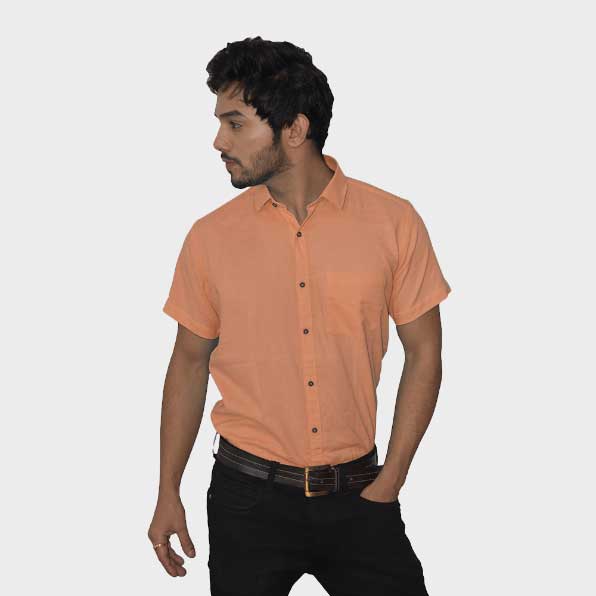 Peach Handwoven Cotton Half Sleeves Shirt