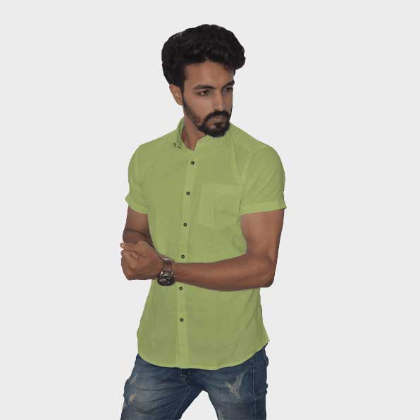 Lime Green Handwoven Cotton Half Sleeves Shirt