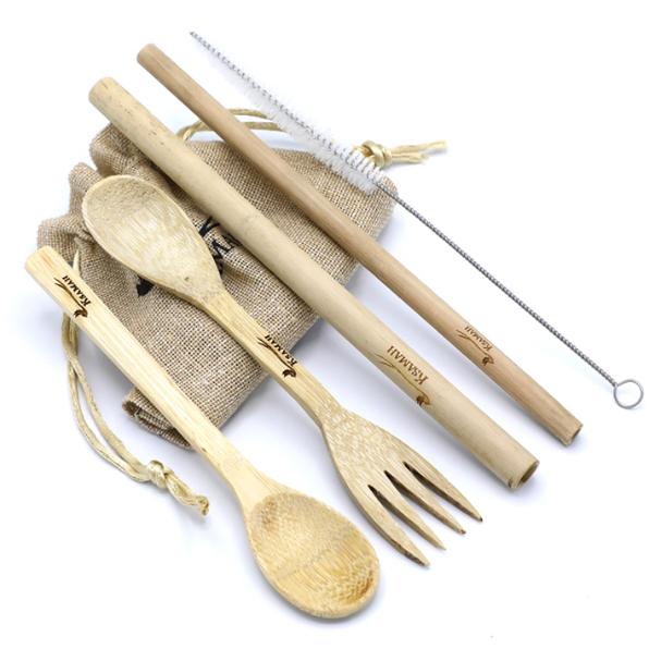 KSAMAH Eco-Friendly On The Go Bamboo Cutlery Kit (1 Spoon,1 Spork, 2 Straws)