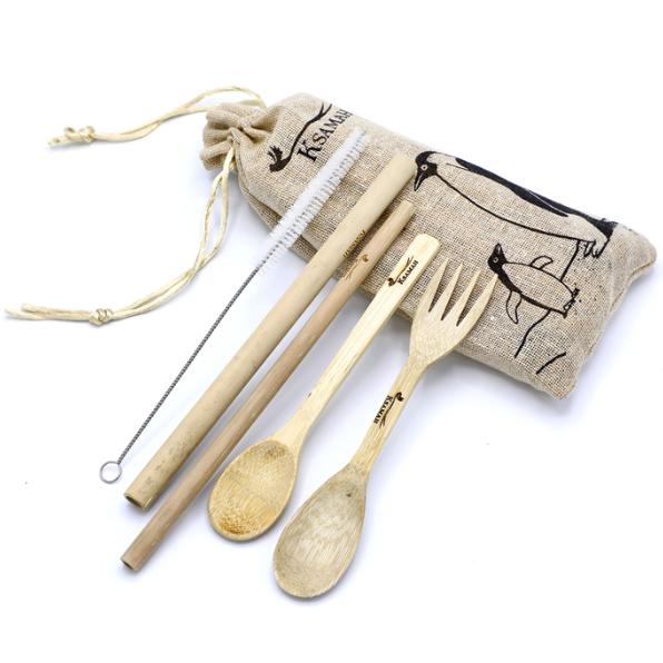 KSAMAH Eco-Friendly On The Go Bamboo Cutlery Kit (1 Spoon,1 Spork, 2 Straws)