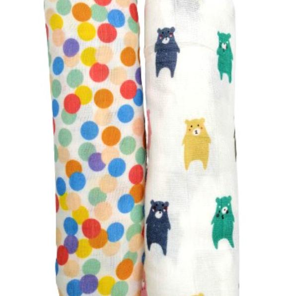 Kindermum Organic Cotton Muslin Swaddle Blanket- Colorful Polka and Bear