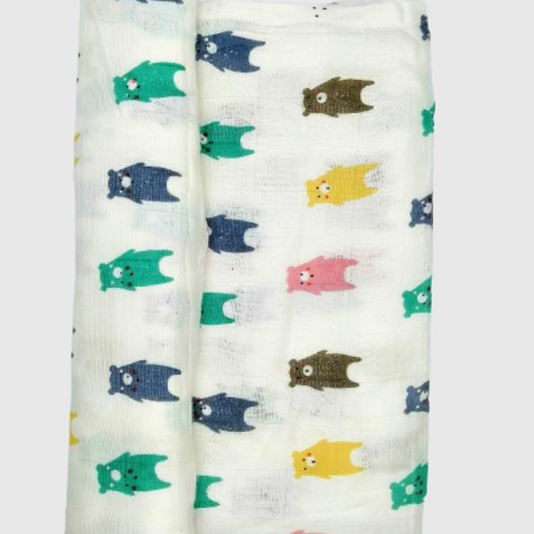 Kindermum Organic Cotton Muslin Swaddle Blanket- Colorful Polka and Bear