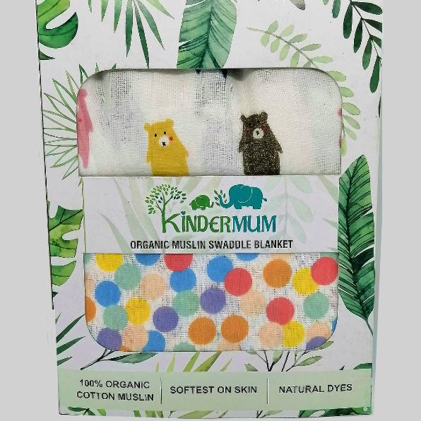 Kindermum Organic Cotton Muslin Swaddle Blanket- Colorful Polka and Bear