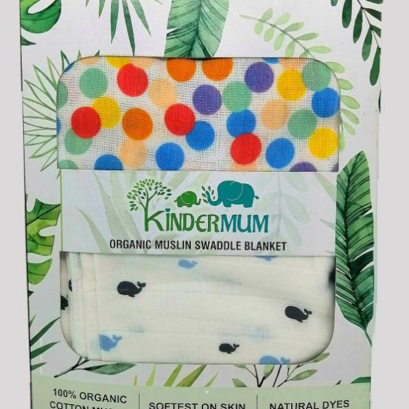 Kindermum Organic Cotton Muslin Swaddle Blanket- Colorful Polka and Whale