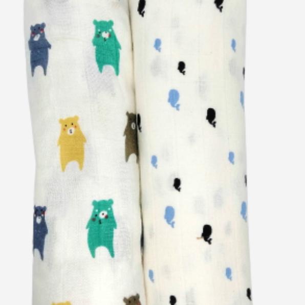 Kindermum Organic Cotton Muslin Swaddle Blanket- Bear and Whale