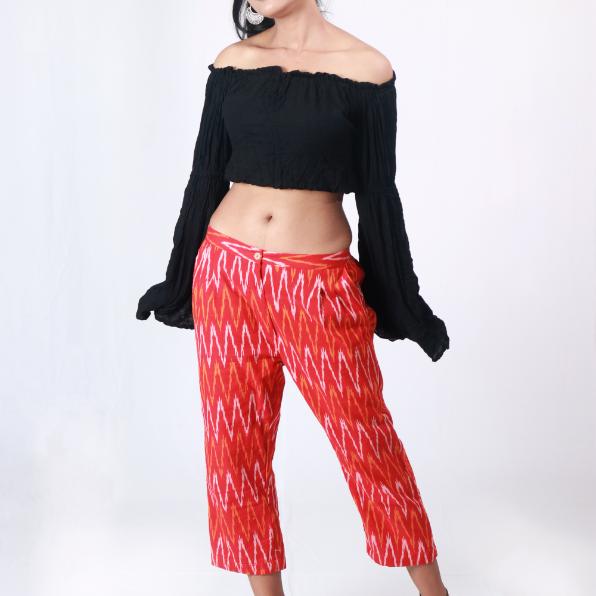 Red Ankle Length Handloom Ikat Capri