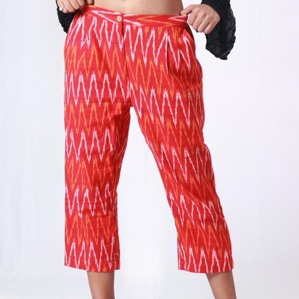 Red Ankle Length Handloom Ikat Capri