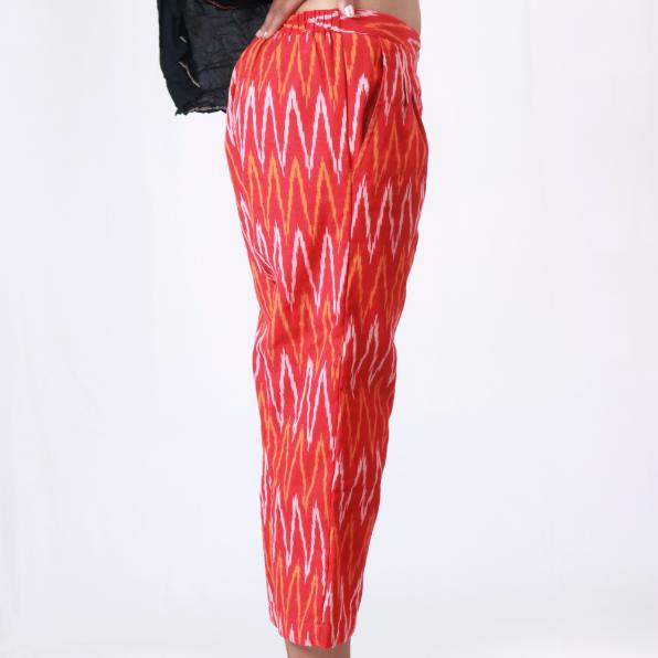 Red Ankle Length Handloom Ikat Capri