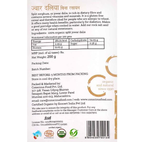 Conscious Food Organic Split Sorghum (Jowar Dalia) 200g 