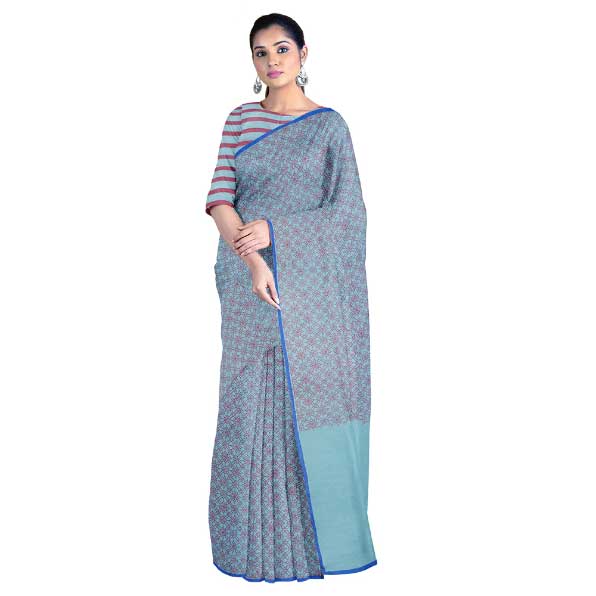 Malmal Khadi Saree in Cyan color with Maroon block prints