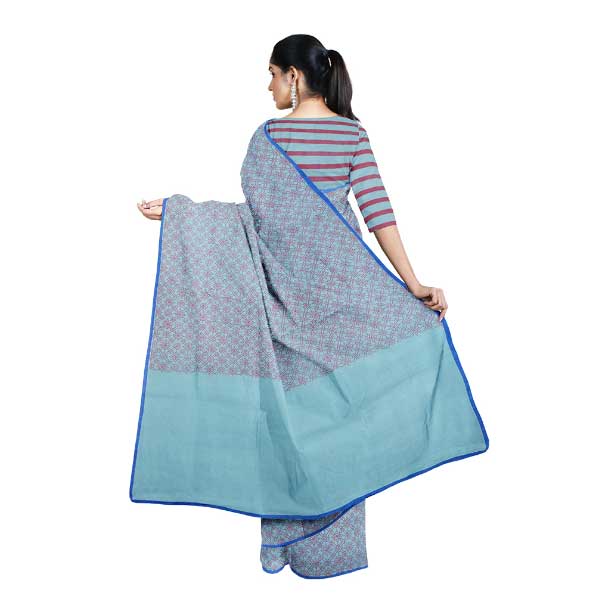 Malmal Khadi Saree in Cyan color with Maroon block prints