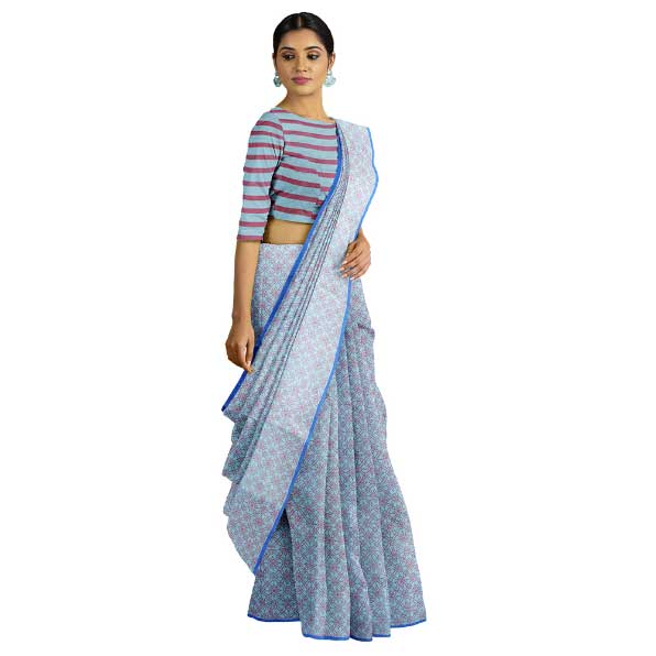 Malmal Khadi Saree in Cyan color with Maroon block prints