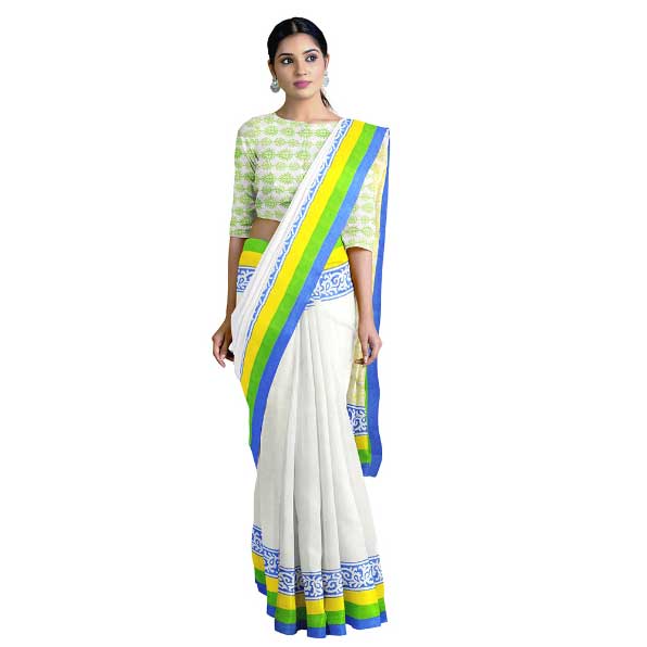 Handloom White  Saree with Delightful Yellow Block Prints on Pallu 