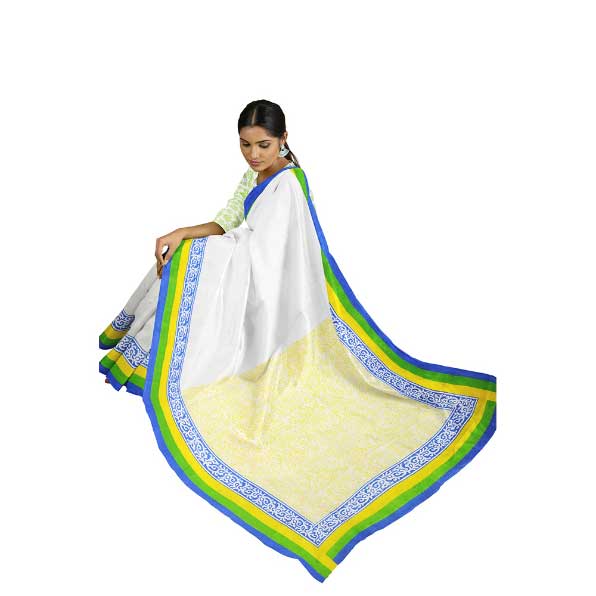 Handloom White  Saree with Delightful Yellow Block Prints on Pallu 