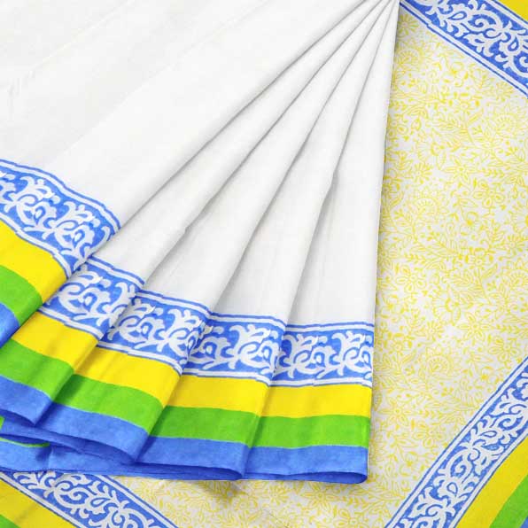 Handloom White  Saree with Delightful Yellow Block Prints on Pallu 