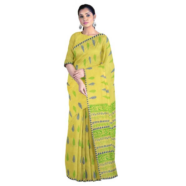 Fresh Yellow Khadi Saree with Dazzling blue & green Block Prints