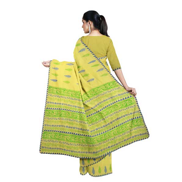 Fresh Yellow Khadi Saree with Dazzling blue & green Block Prints